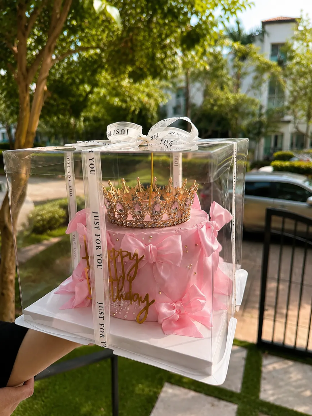 Torta rosada dentro de caja transparente con corona dorada.