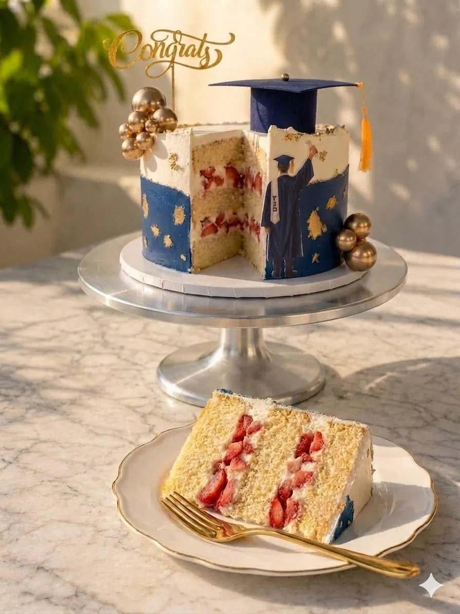 Torta de graduación con topper Congrats, birrete y porción servida.