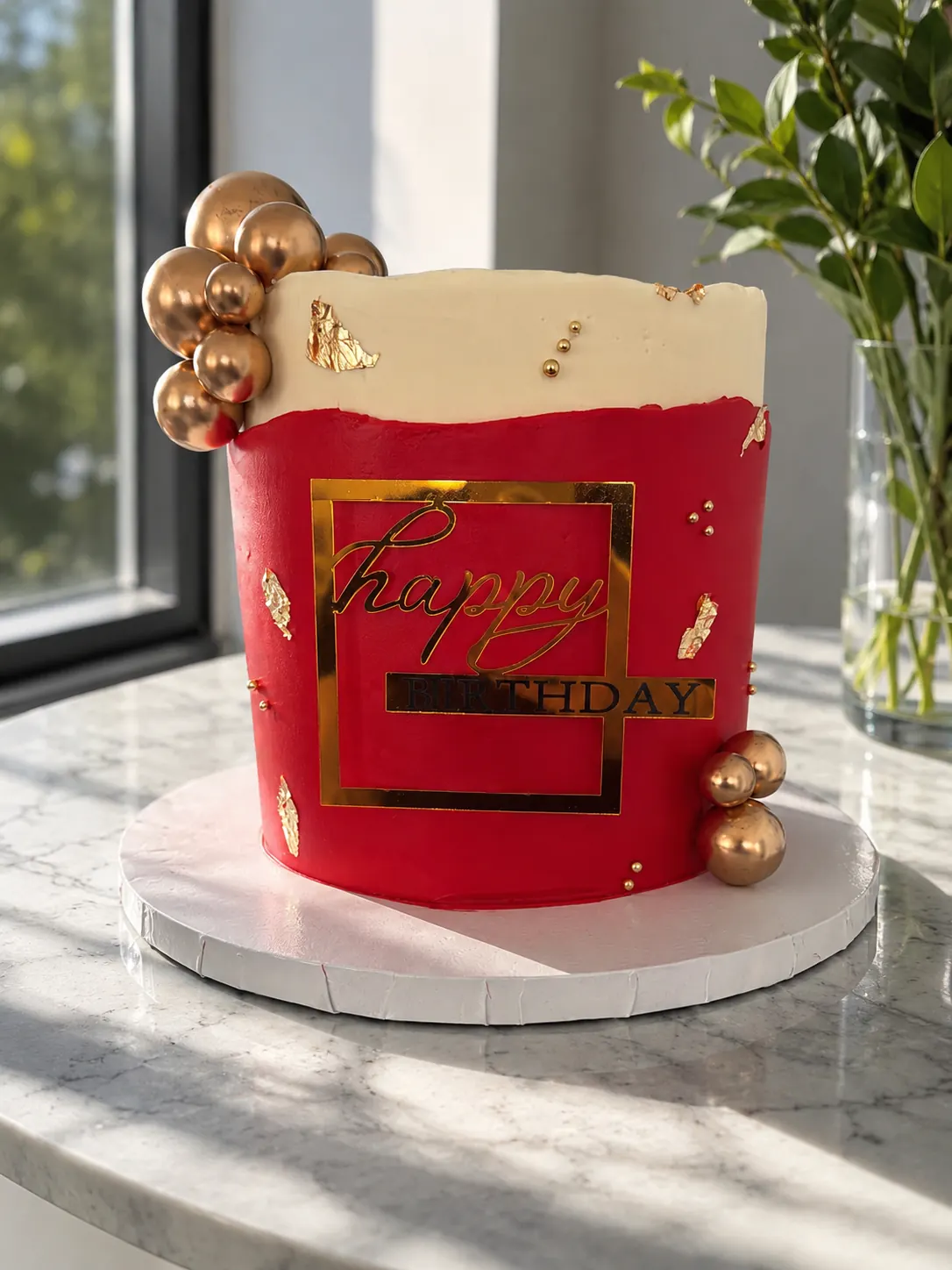 Torta roja con topper dorado Happy Birthday y esferas metálicas.