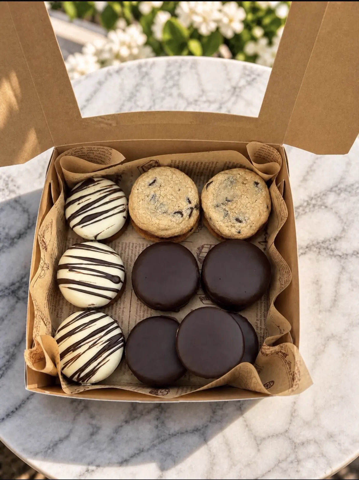 Caja de degustación con alfajores, cookies y postres bañados en chocolate.