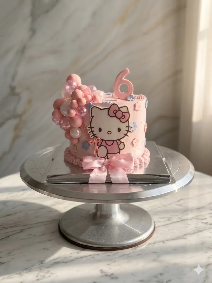 Torta rosada personalizada con temática de Hello Kitty, moño y globos decorativos.